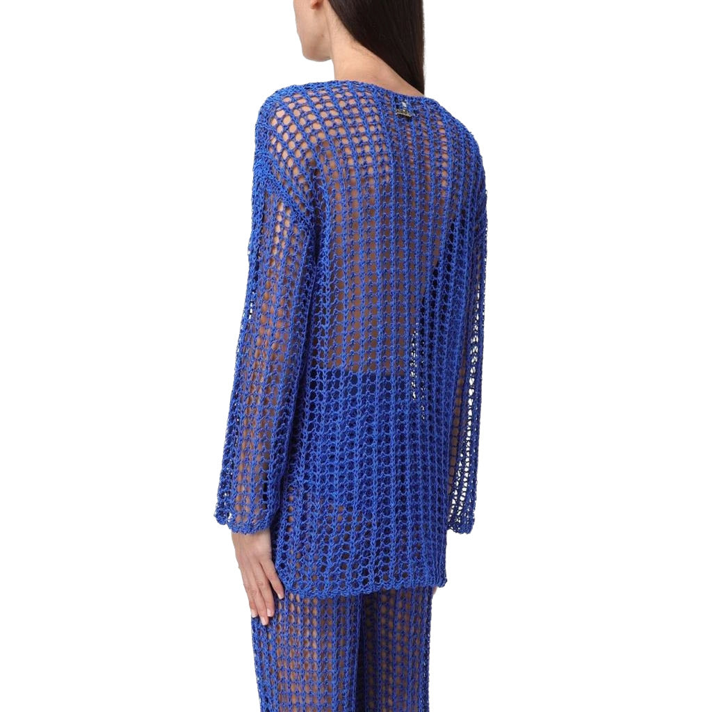 Pinko – blue mesh top – back view showing its long, open-knit silhouette