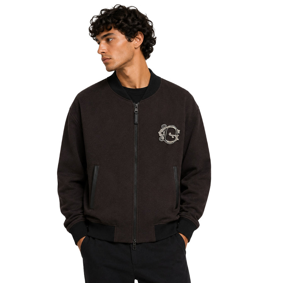 Dolce & Gabbana – black fleece bomber jacket – front view worn by model