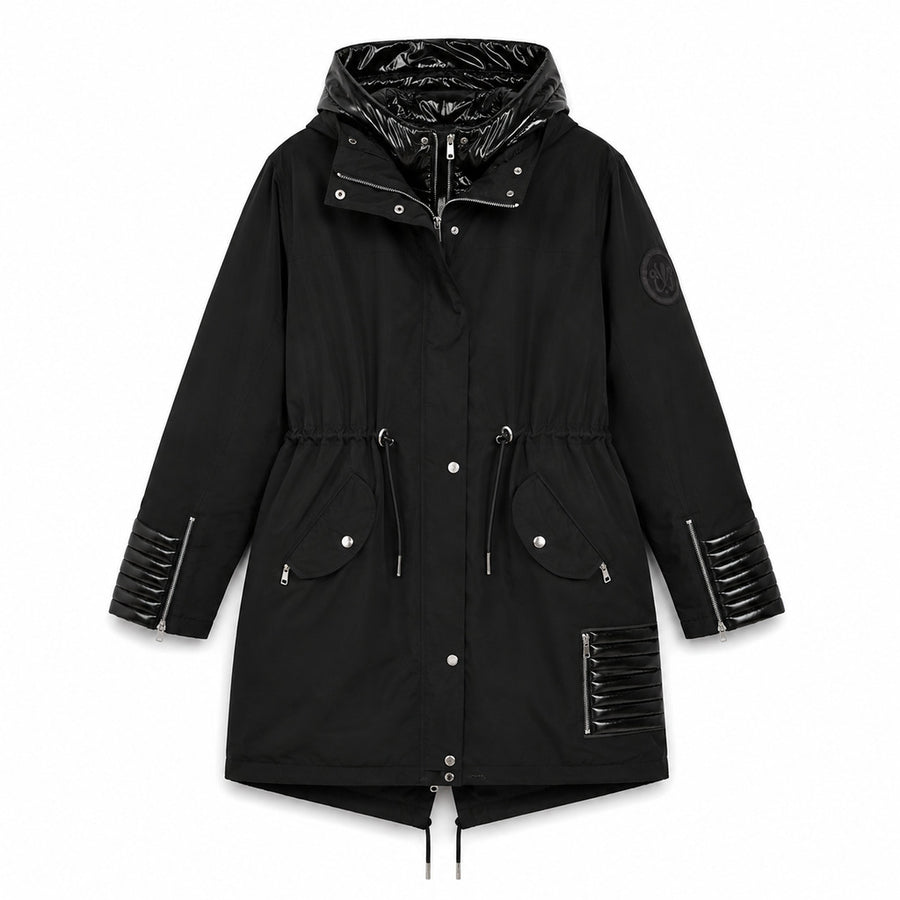 Moose Knuckles – LDS Combat black hooded jacket – front flat view with drawstring waist
