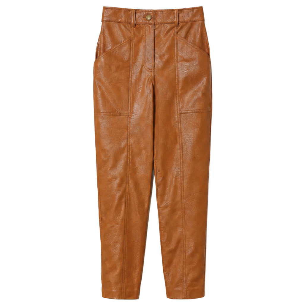 Twinset – brown leather-effect trousers – front flat lay with stitched panels