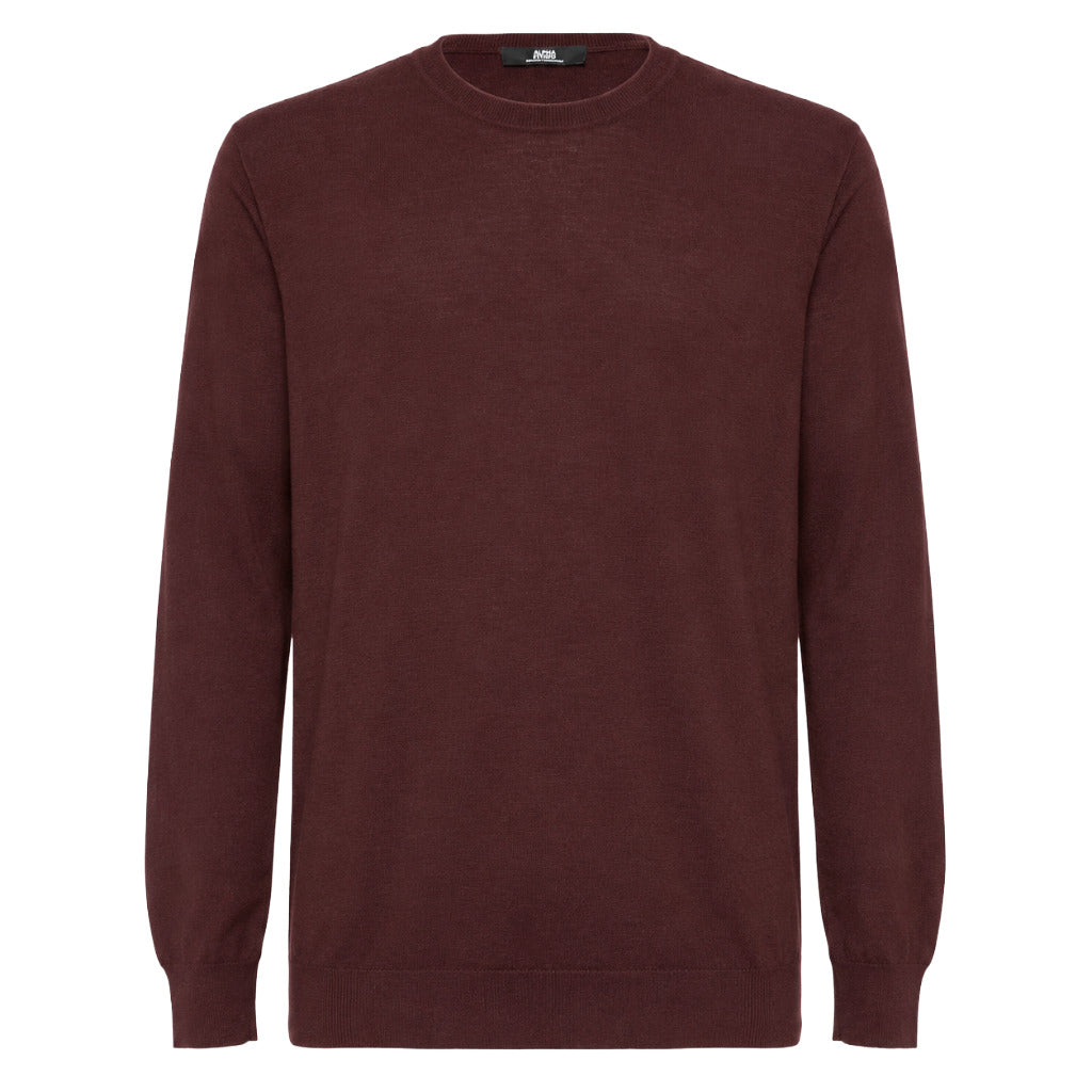 Alpha Studio – merino crew-neck sweater in burgundy – front flat-lay showing crew neck