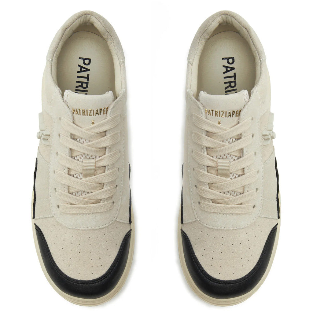 Patrizia Pepe – Beige suede sneakers with black trim – top-down view of both toe boxes
