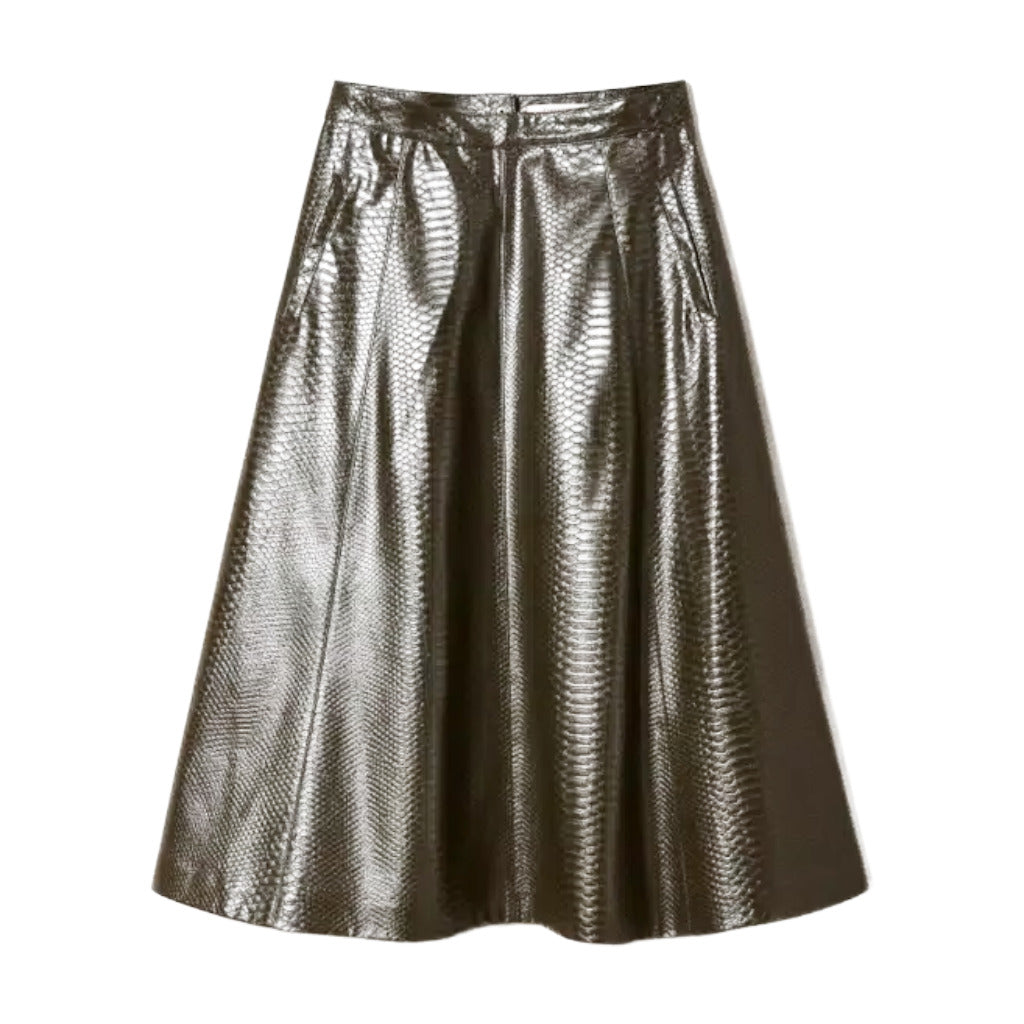 Twinset – green animal-print midi skirt – front-facing flat product view with flared silhouette
