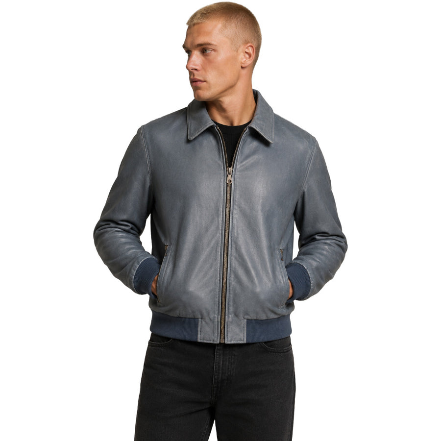 Dolce & Gabbana – light blue leather jacket – front view worn by model