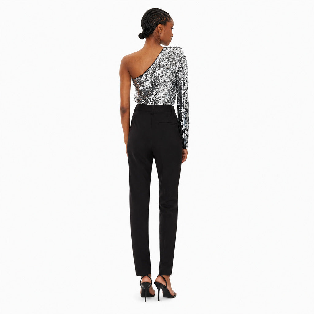 Patrizia Pepe – grey sequin one-shoulder bodysuit – rear view showing asymmetrical neckline and single sleeve