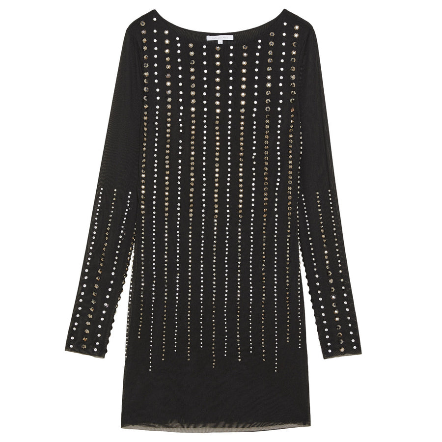 Patrizia Pepe – Black rhinestone tulle dress – Front-facing flat packshot showing vertical embellishments