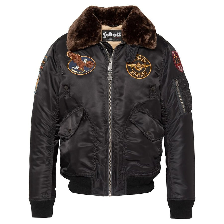 Schott Nyc – Airston Aviator Bomber Jacket – front view, black with brown collar and embroidered patches