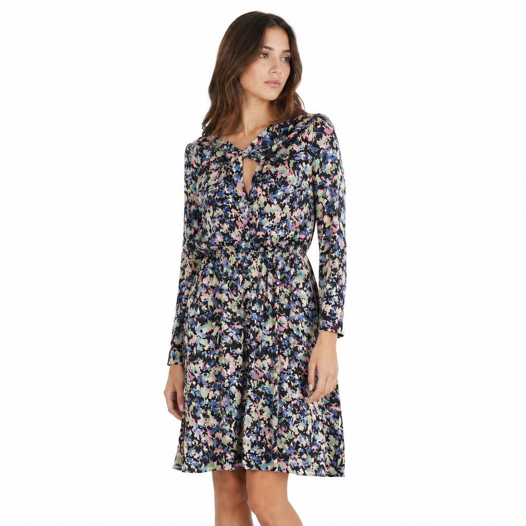 Patrizia Pepe – multicolor floral-print long-sleeved dress – front view with V-neck and waist tie