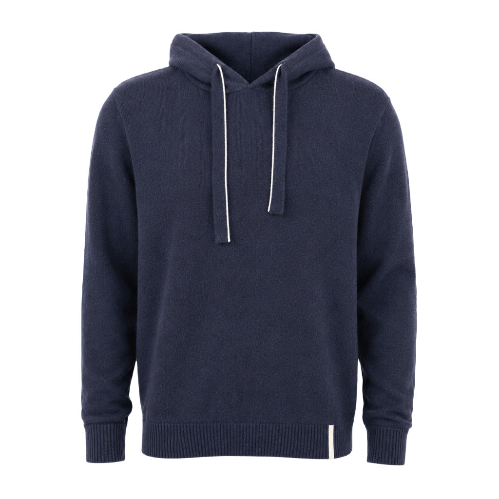 Alpha Studio – Geelong wool blue hooded sweatshirt – front view with light drawstrings