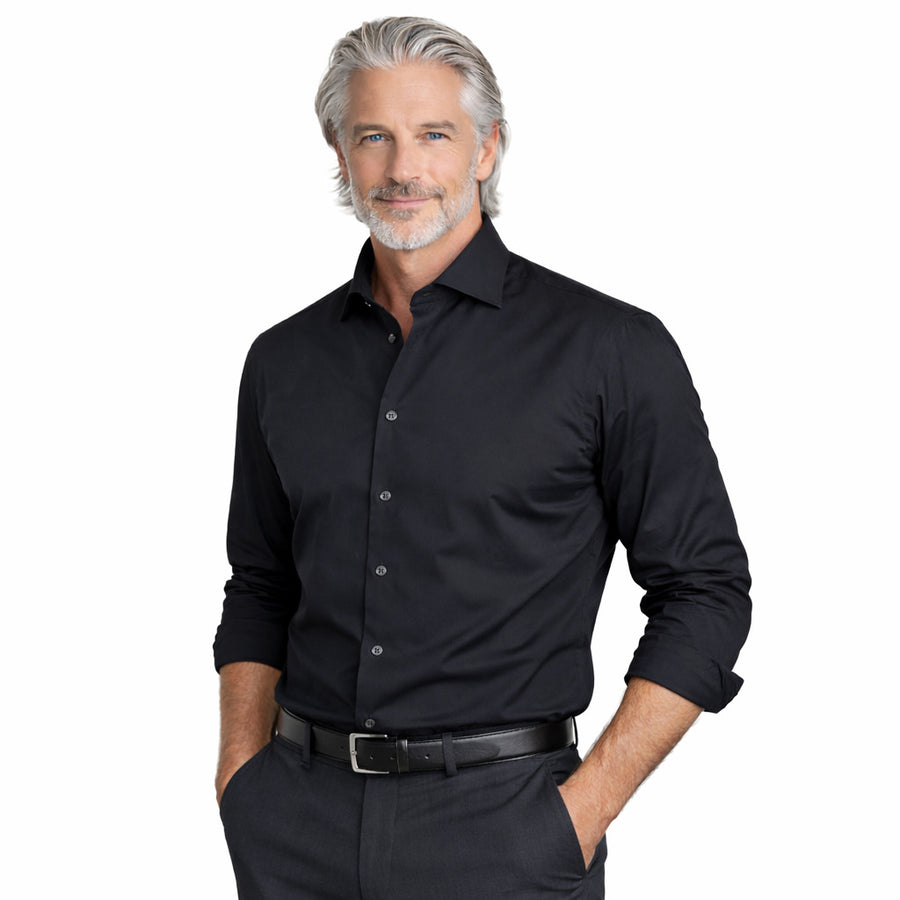 Ballantyne – Cotton Shirt in Black – front view worn with sleeves rolled