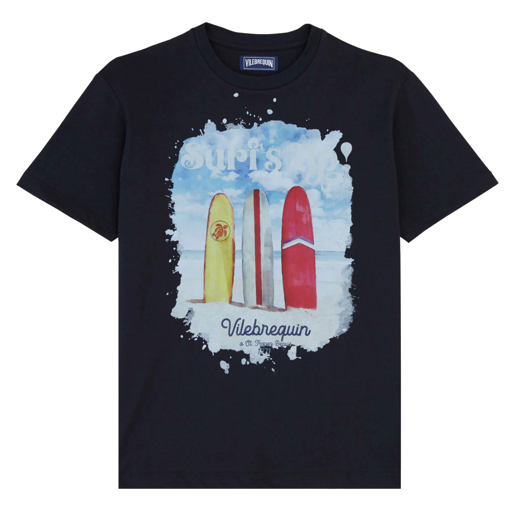 Vilebrequin – navy Surf's Up graphic T-shirt – flat front with colorful surfboards