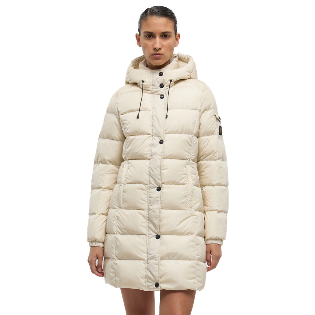 Refrigiwear – Lady Long Hunter Down Jacket in Nylon – cream jacket worn front-facing