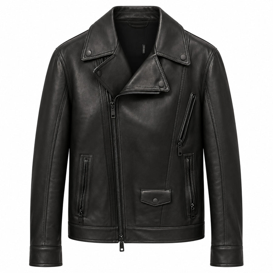 Dolce & Gabbana – black leather biker jacket – front flat lay with zip pockets