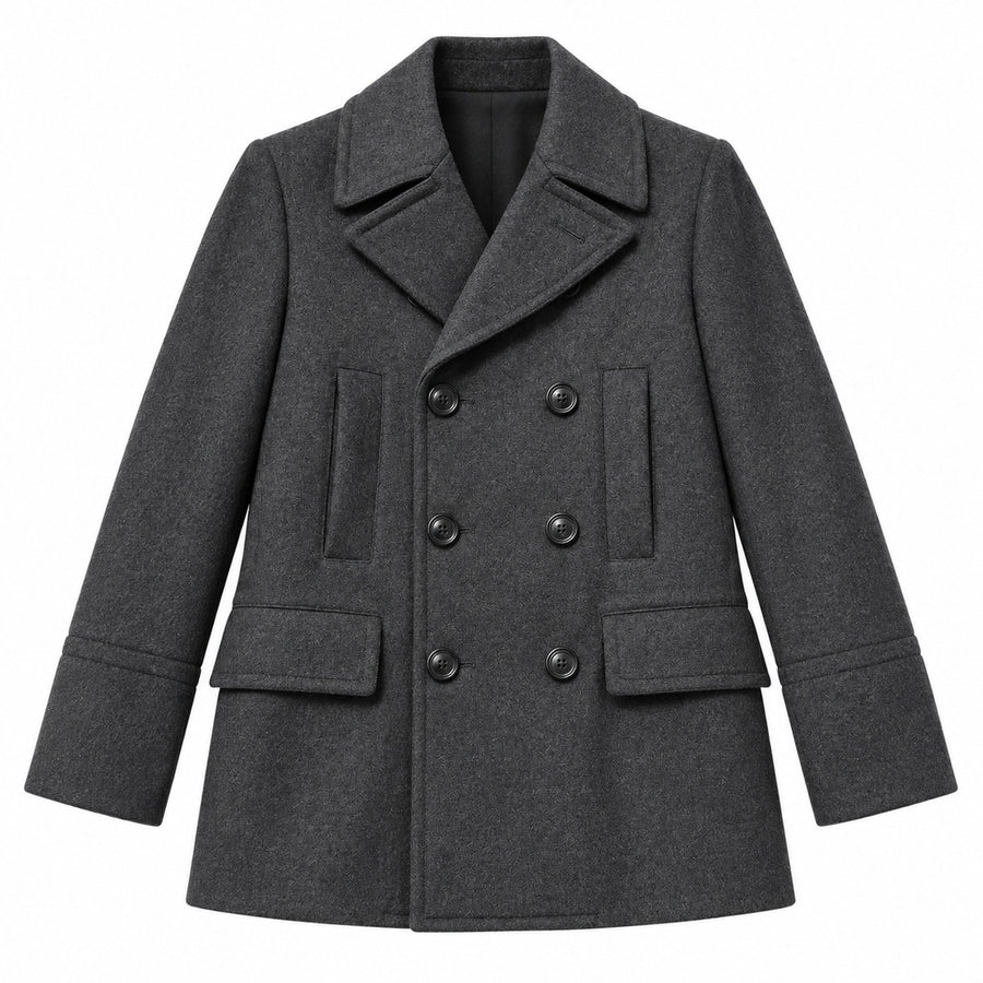 Dolce & Gabbana – grey wool-blend peacoat – front packshot with double-breasted buttons