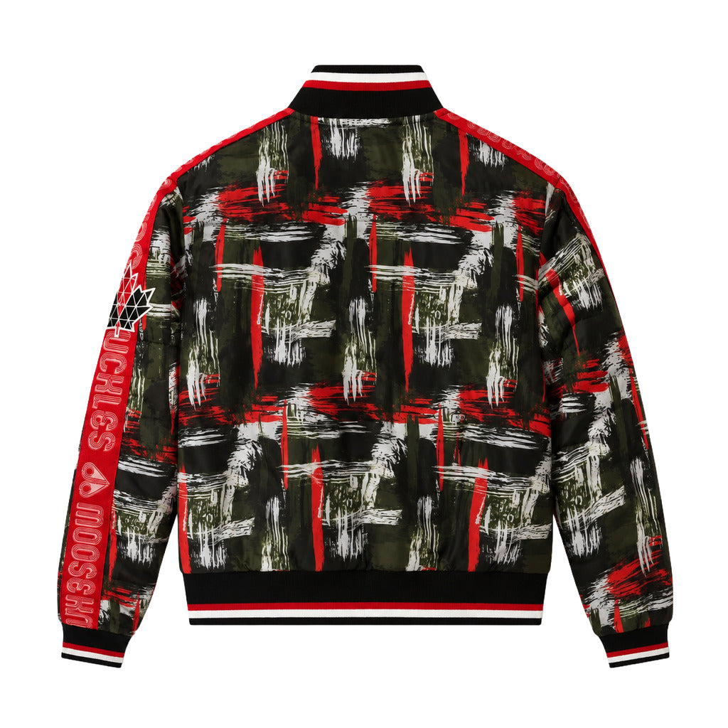 Moose Knuckles – LSDS cropped down jacket – back flat lay with striped ribbed collar and hem