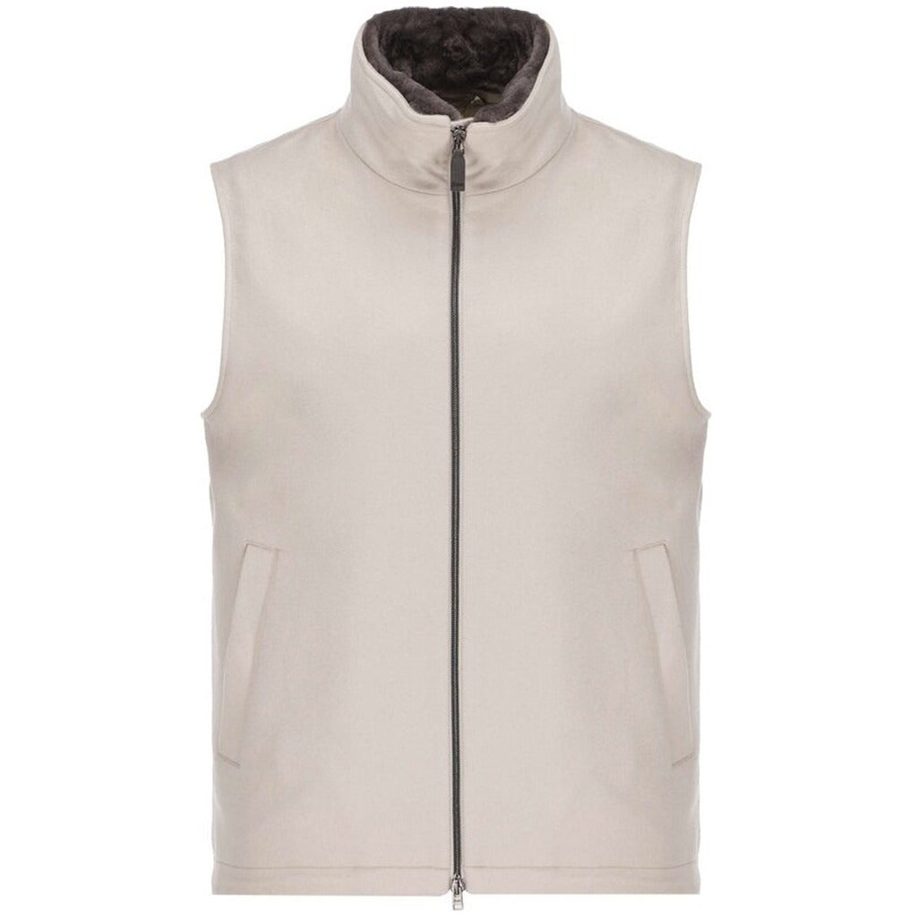 Herno – Cashmere Vest – Beige sleeveless vest, front-facing packshot with high collar and zipper