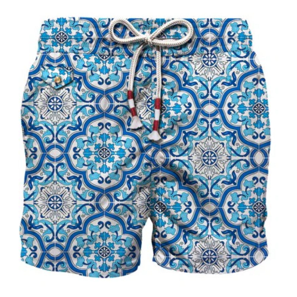 Mc2 Saint Barth – Sicily Tile blue swim trunks – front showing drawstring