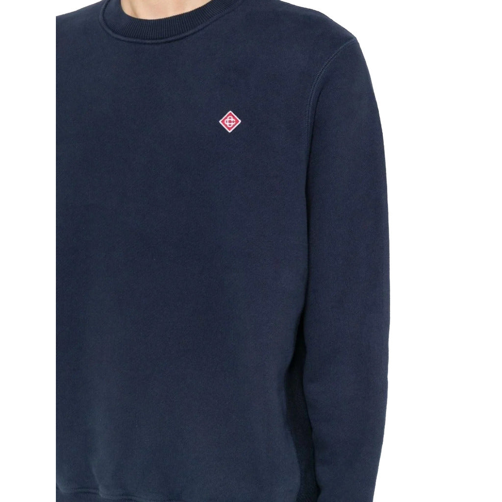 Casablanca – blue crewneck logo sweatshirt – worn close-up of chest and sleeve