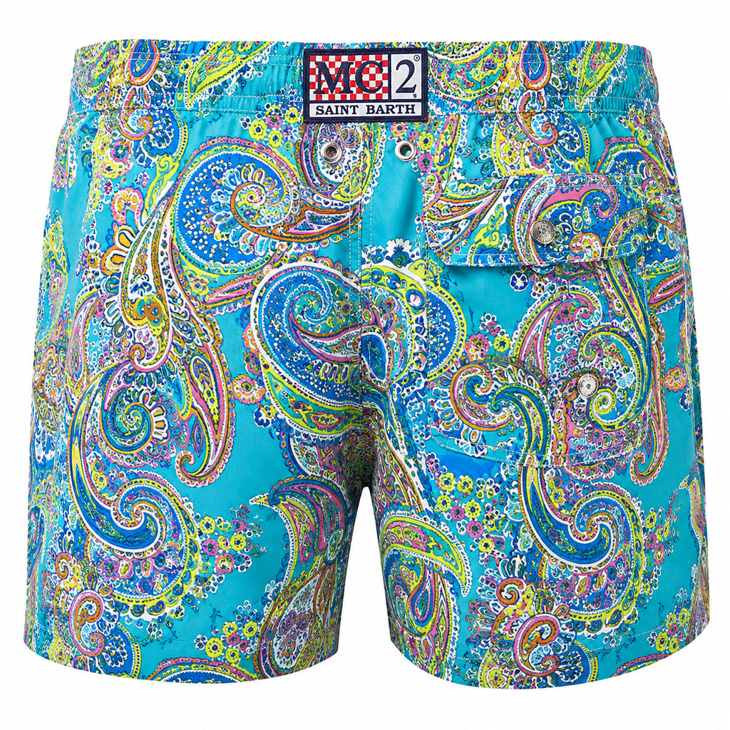 Mc2 Saint Barth – blue paisley swim trunks with drawstring – rear packshot showing branded waistband label