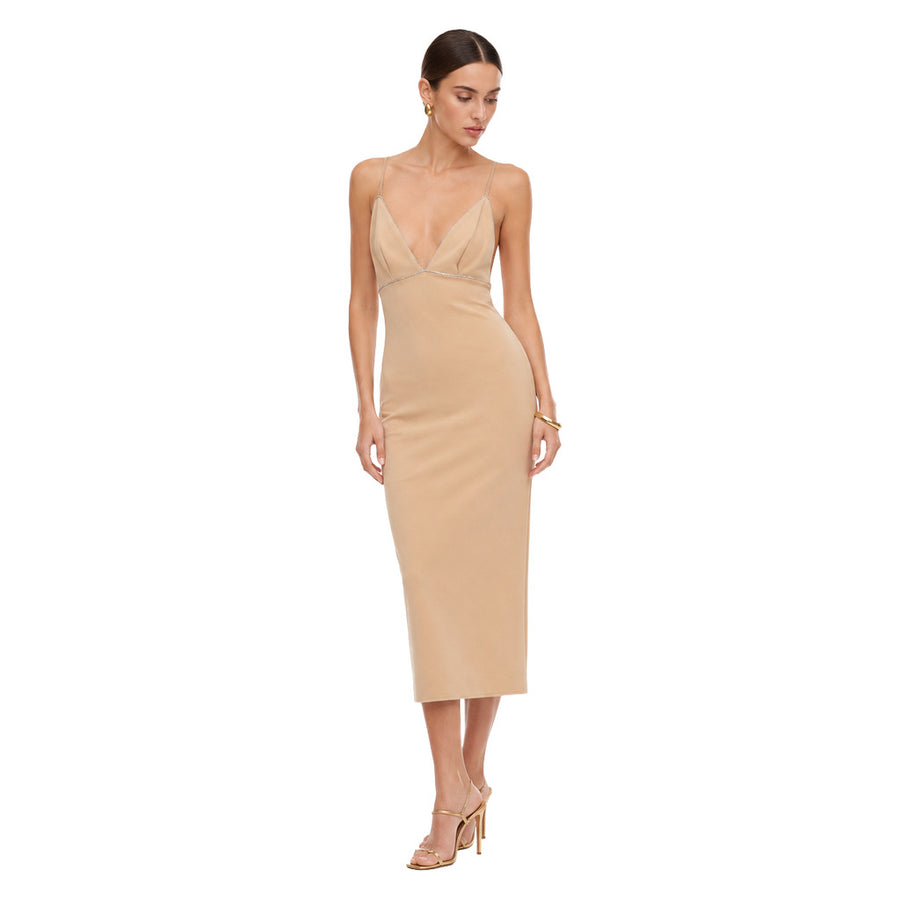 Elisabetta Franchi – beige fitted midi dress with thin straps – front view worn on model