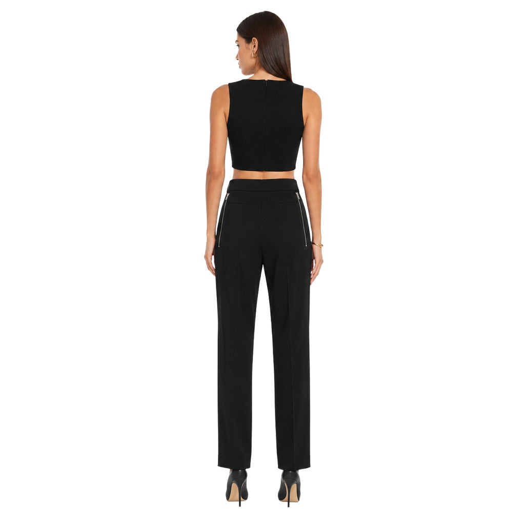 Patrizia Pepe – black straight-leg trousers with side zips – back view showing zip details