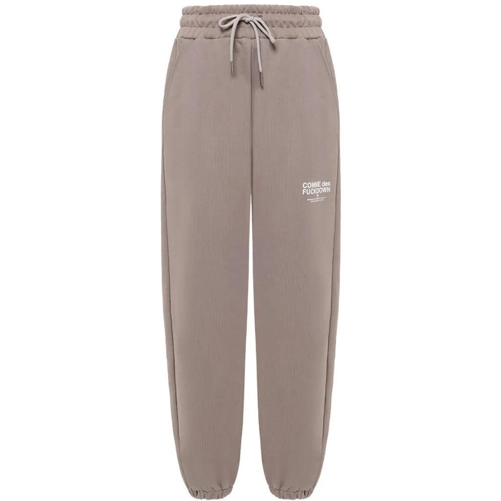 Comme Des Fuckdown – logo-print grey sweatpants – front view with drawstring and ankle cuffs