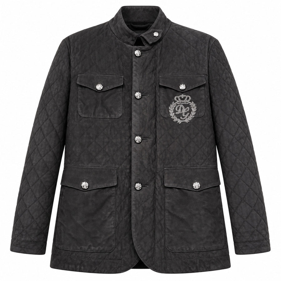 Dolce & Gabbana – black quilted lambskin jacket – front view with emblem and flap pockets