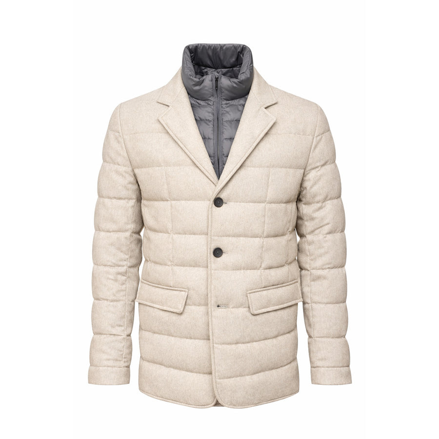 Herno – light beige quilted jacket – front-facing flat product view with grey inner collar