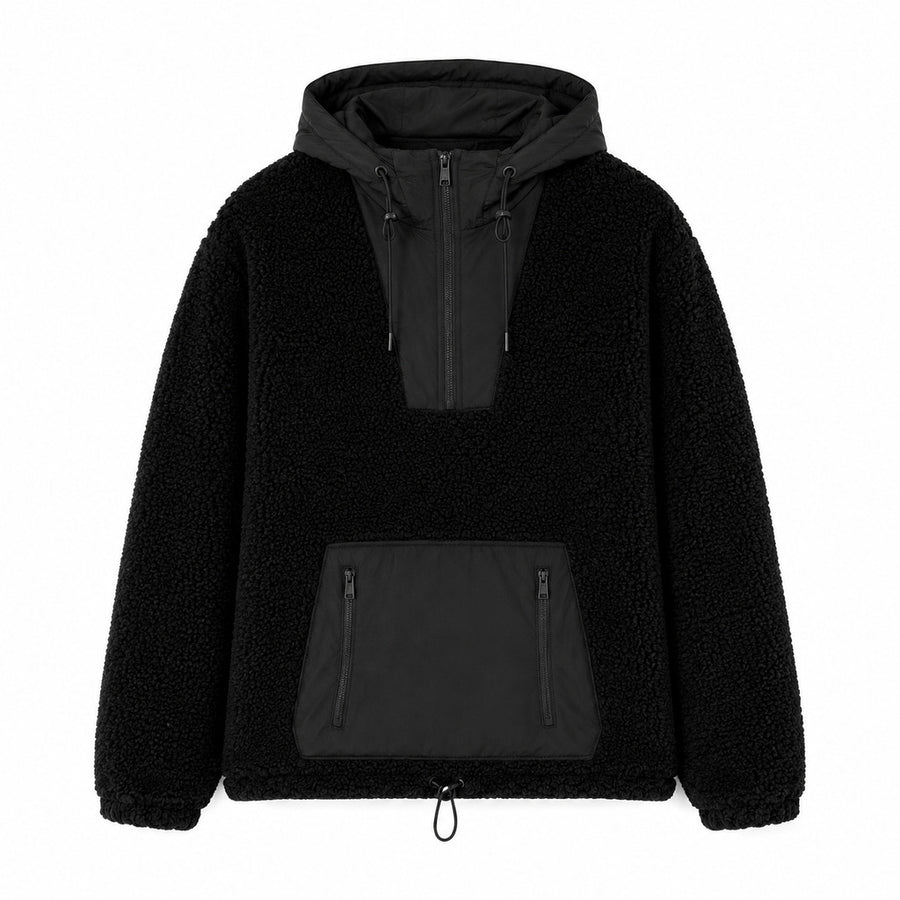 Moose Knuckles – black sherpa jacket with hood – front flat lay