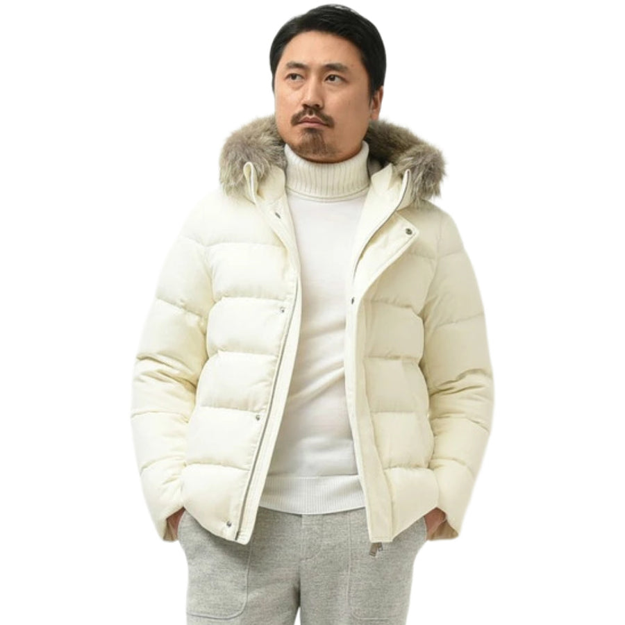Herno – white quilted down jacket – front view worn with fur-trimmed hood