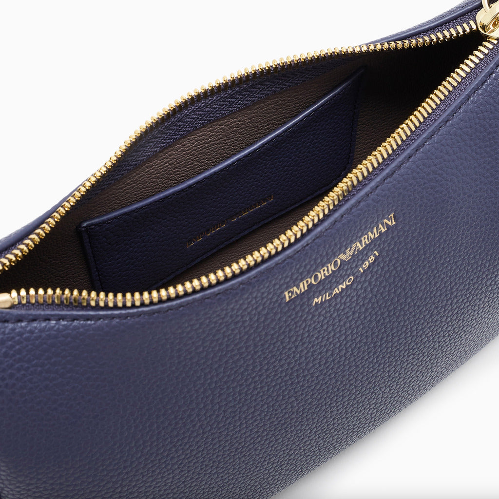 Emporio Armani – purple faux leather mini baguette shoulder bag – close-up of open gold zip and interior pocket