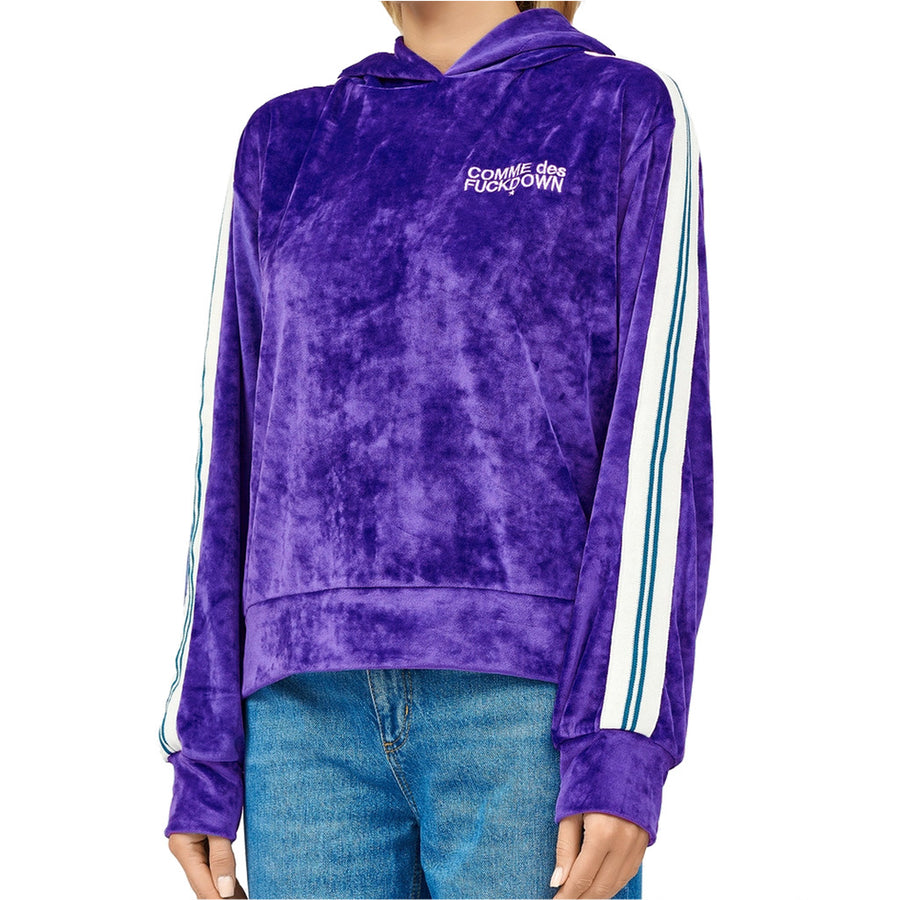 Comme Des Fuckdown – Chenille Sweatshirt – Front view worn, purple fabric and white sleeve stripes