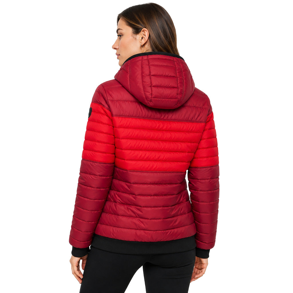 Moose Knuckles – Terra Nova red down jacket – back worn model showing hood