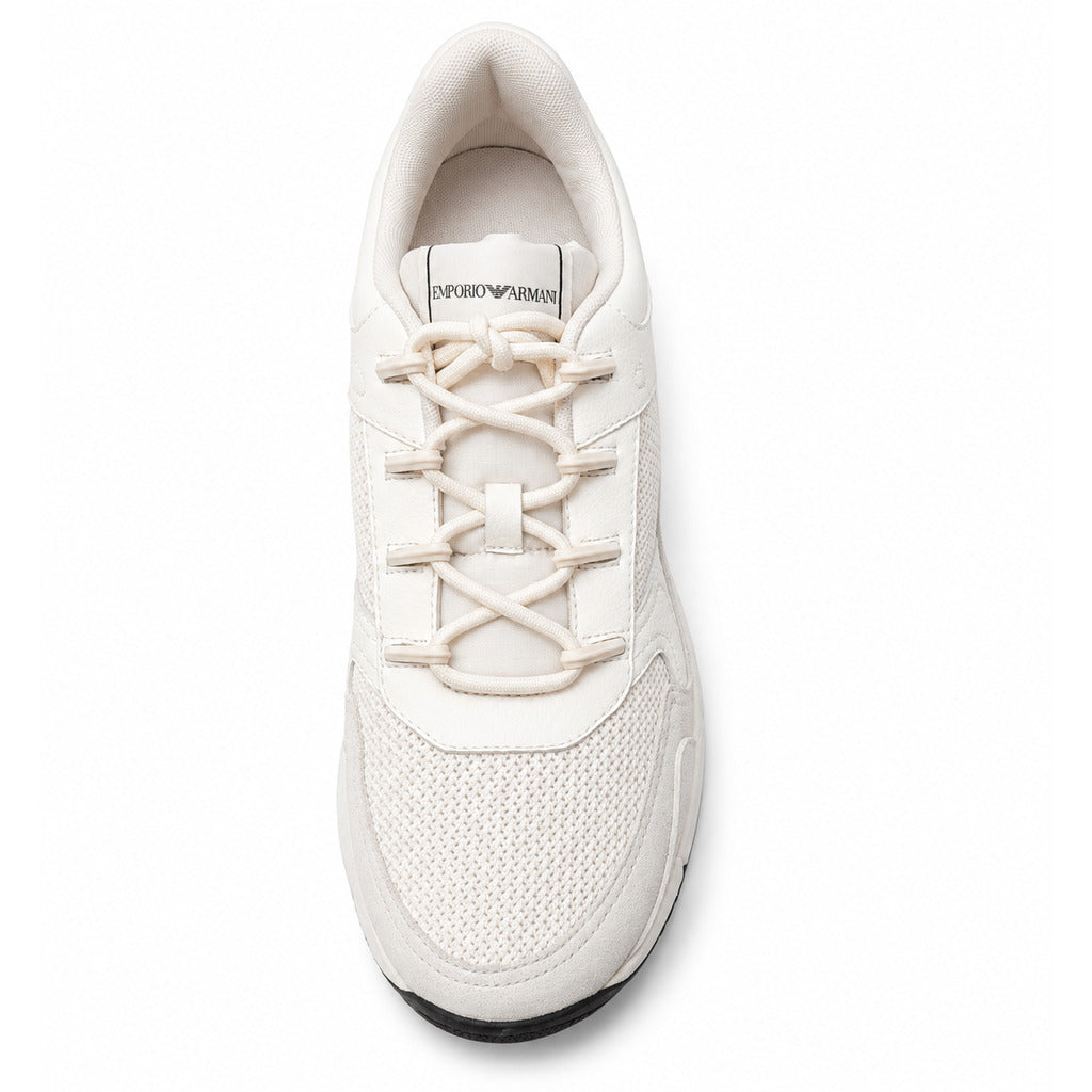 Emporio Armani – white suede and mesh sneakers – top view showing laces and tongue label