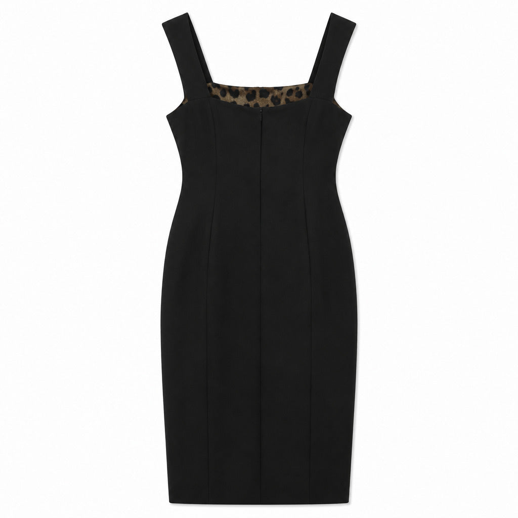 Dolce & Gabbana – black fitted midi dress – back flat-lay with patterned neckline lining