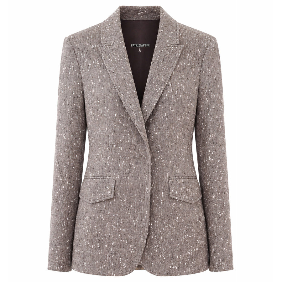 Patrizia Pepe – Pepper grey speckled tailored jacket – front packshot with notched lapels and flap pockets
