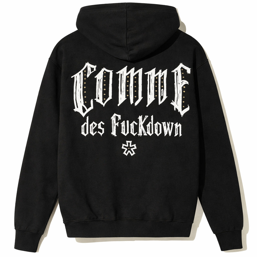 Comme Des Fuckdown – black zip hoodie – back view with large white graphic