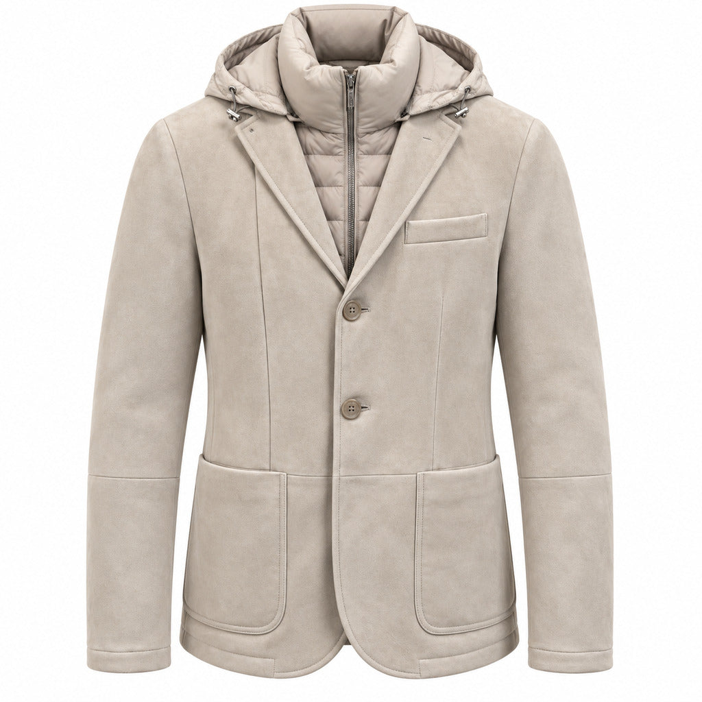 Moorer – Bellotto suede jacket – Beige front packshot with hood and button closure