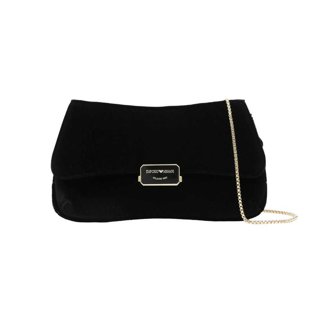 Emporio Armani – black velvet clutch bag – front view with gold chain and logo plaque