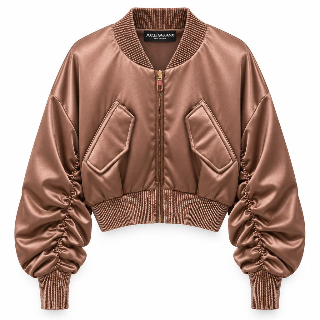 Dolce & Gabbana – brown pleated bomber jacket – front view with gathered sleeves