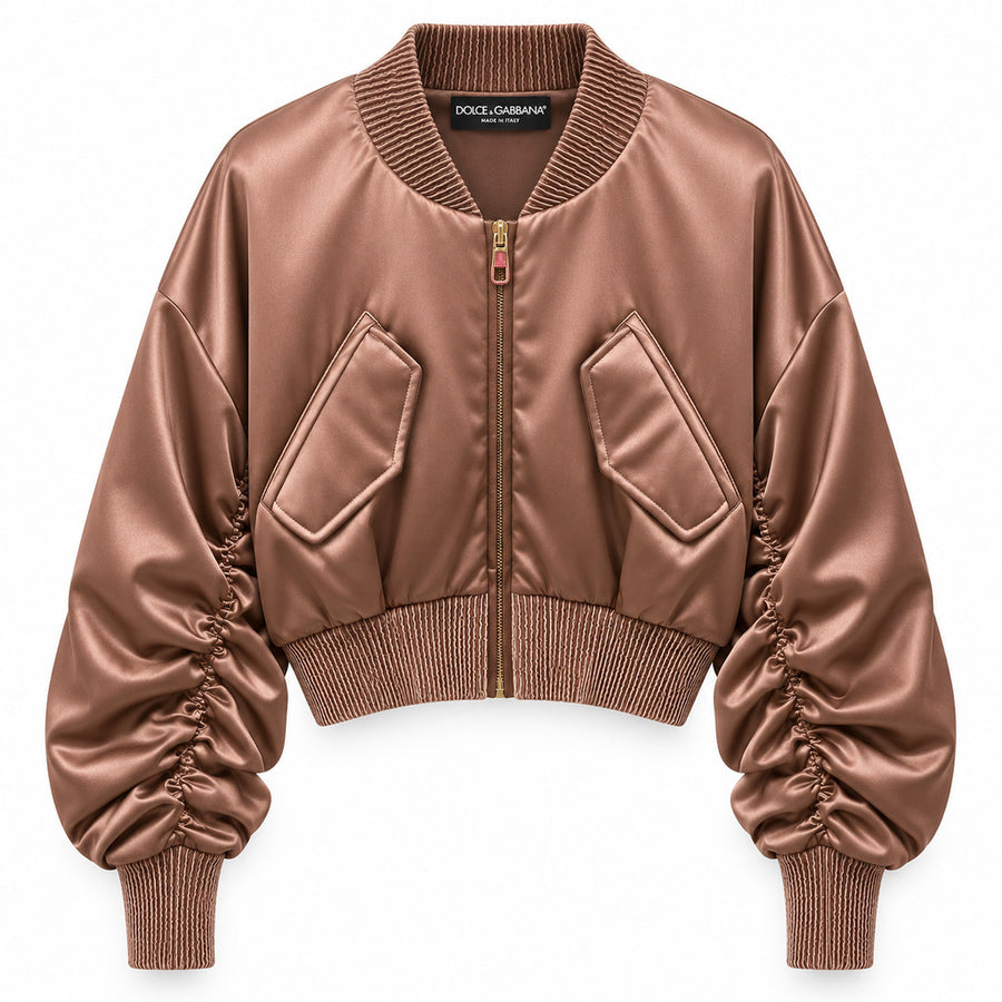 Dolce & Gabbana – brown pleated bomber jacket – front view with gathered sleeves