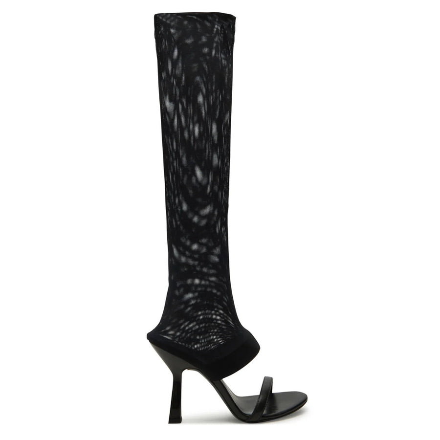 Patrizia Pepe – black sheer knee-high heeled sandals – side view on white