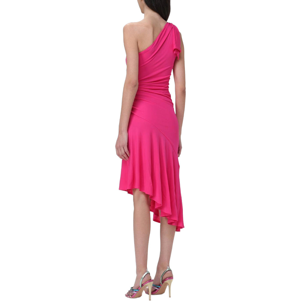 Pinko – Sagrantino fuchsia one-shoulder dress – rear view showing draped back and flowing asymmetrical hem