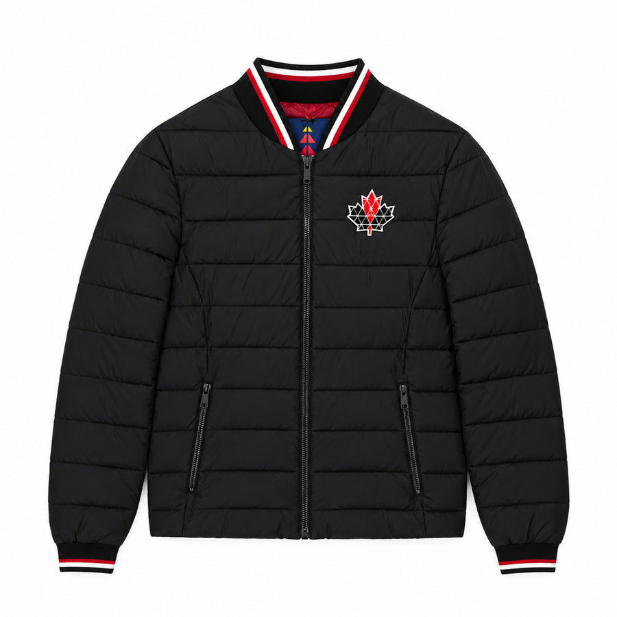 Moose Knuckles – black quilted down jacket – front packshot with striped collar and logo