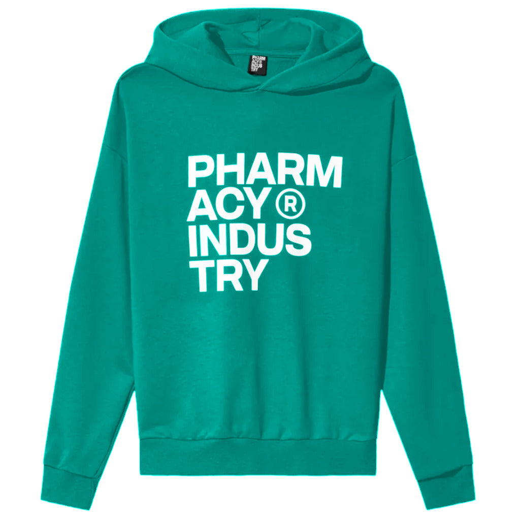 Pharmacy Industry – green hooded sweatshirt – front view with white chest lettering