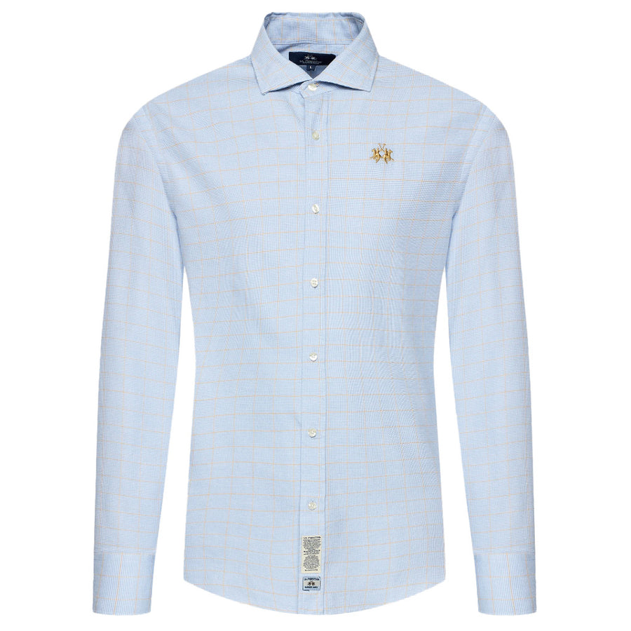 La Martina – Dobby Poplin Shirt in Blue – front view of light-blue checked shirt
