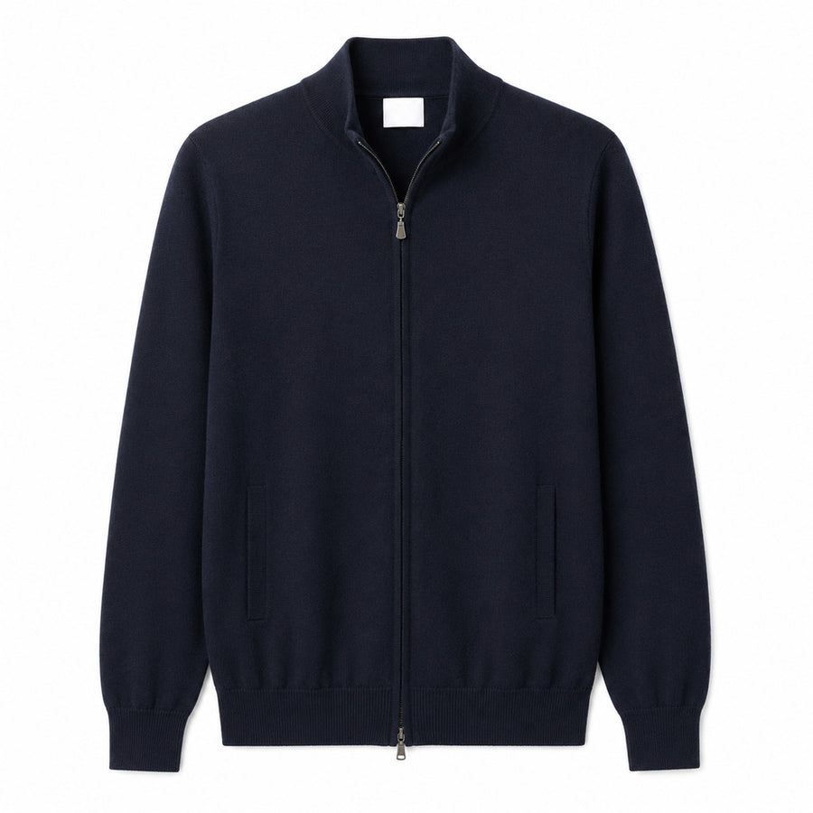 Alpha Studio – navy full-zip sweatshirt – front flat lay with zipped pockets