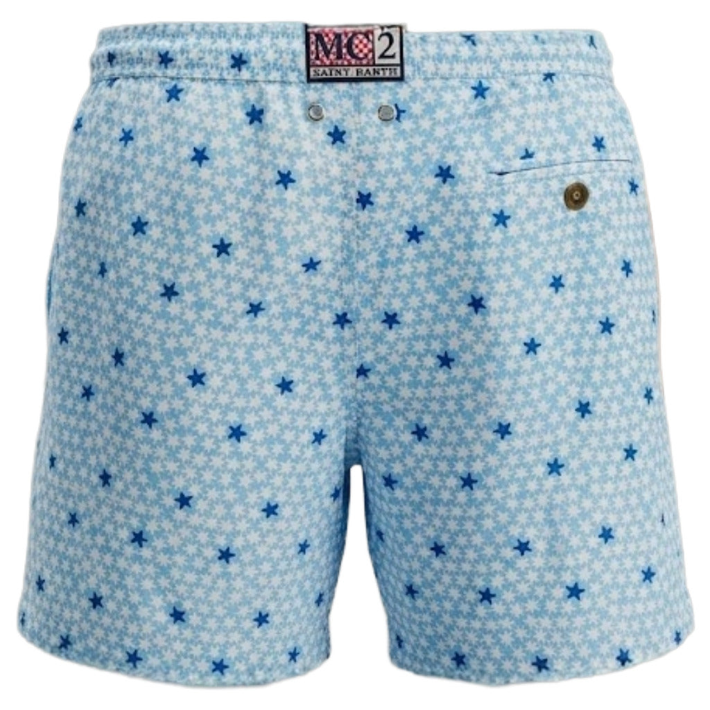 Mc2 Saint Barth – light blue Starfish Dot swim trunks – rear view, pocket and label