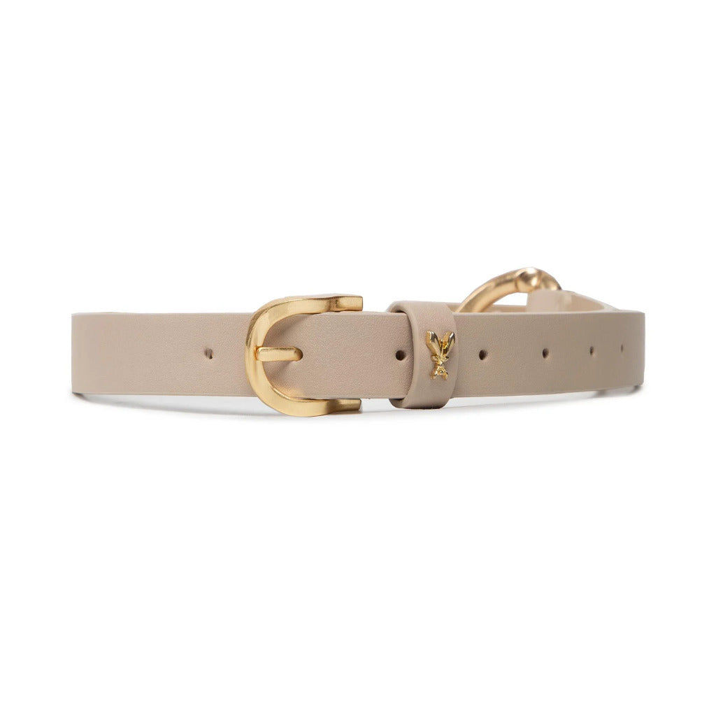 Patrizia Pepe – beige leather belt with gold buckle – front packshot showing bee detail