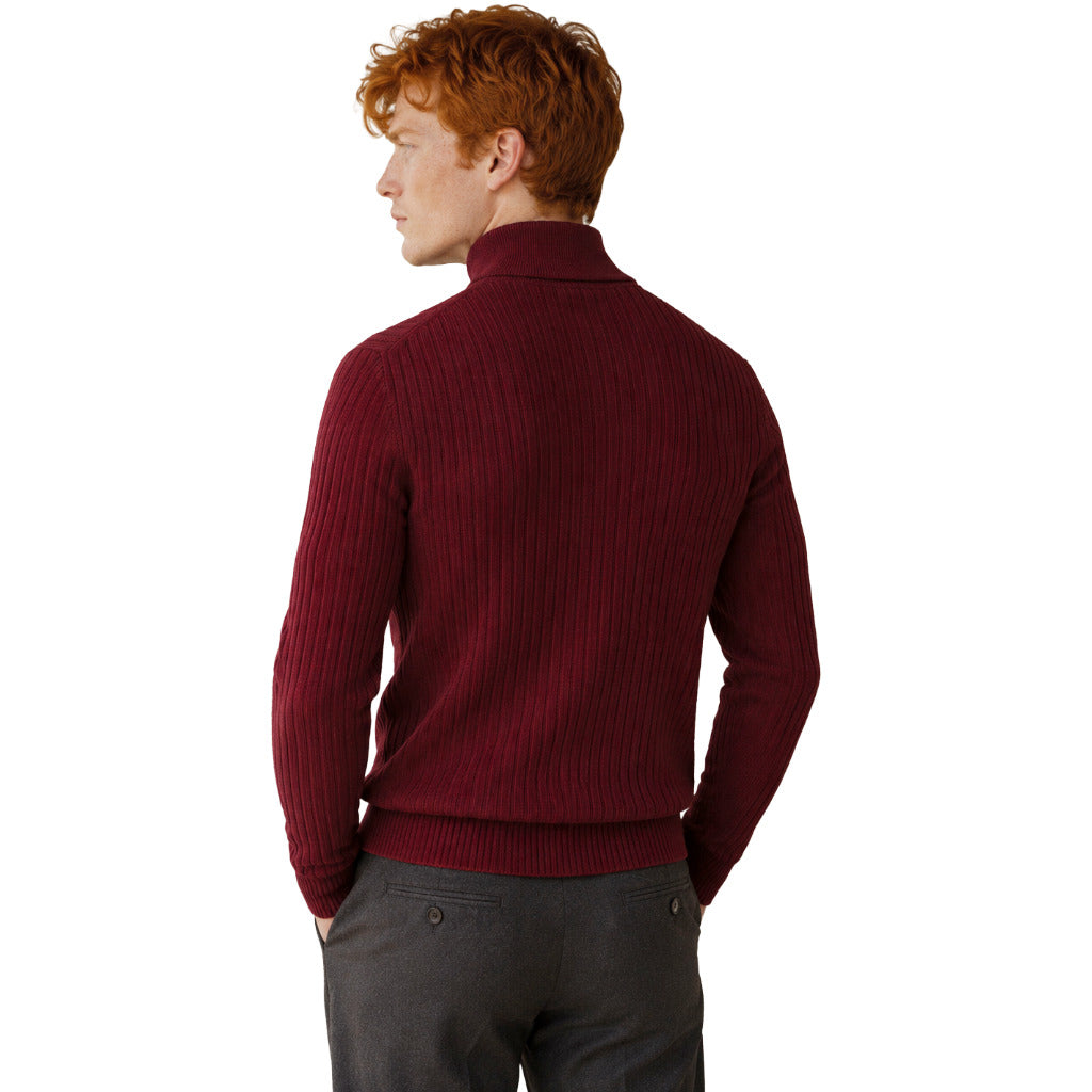 Dolce & Gabbana – red ribbed virgin wool zip-neck sweater – back view worn by model